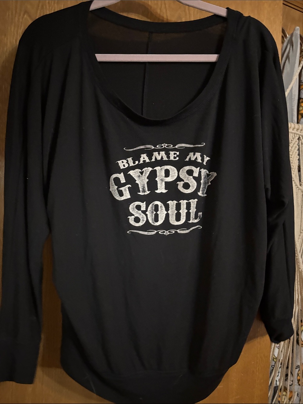 Black Graphic Long-Sleeve Top - "Blame My Gypsy Soul" off shoulder wide neck